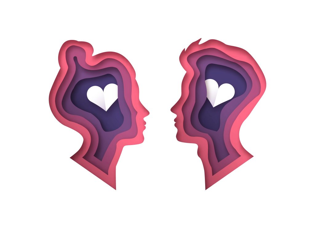 Two layered faces with a heart inside each to represent starting relationship therapy
