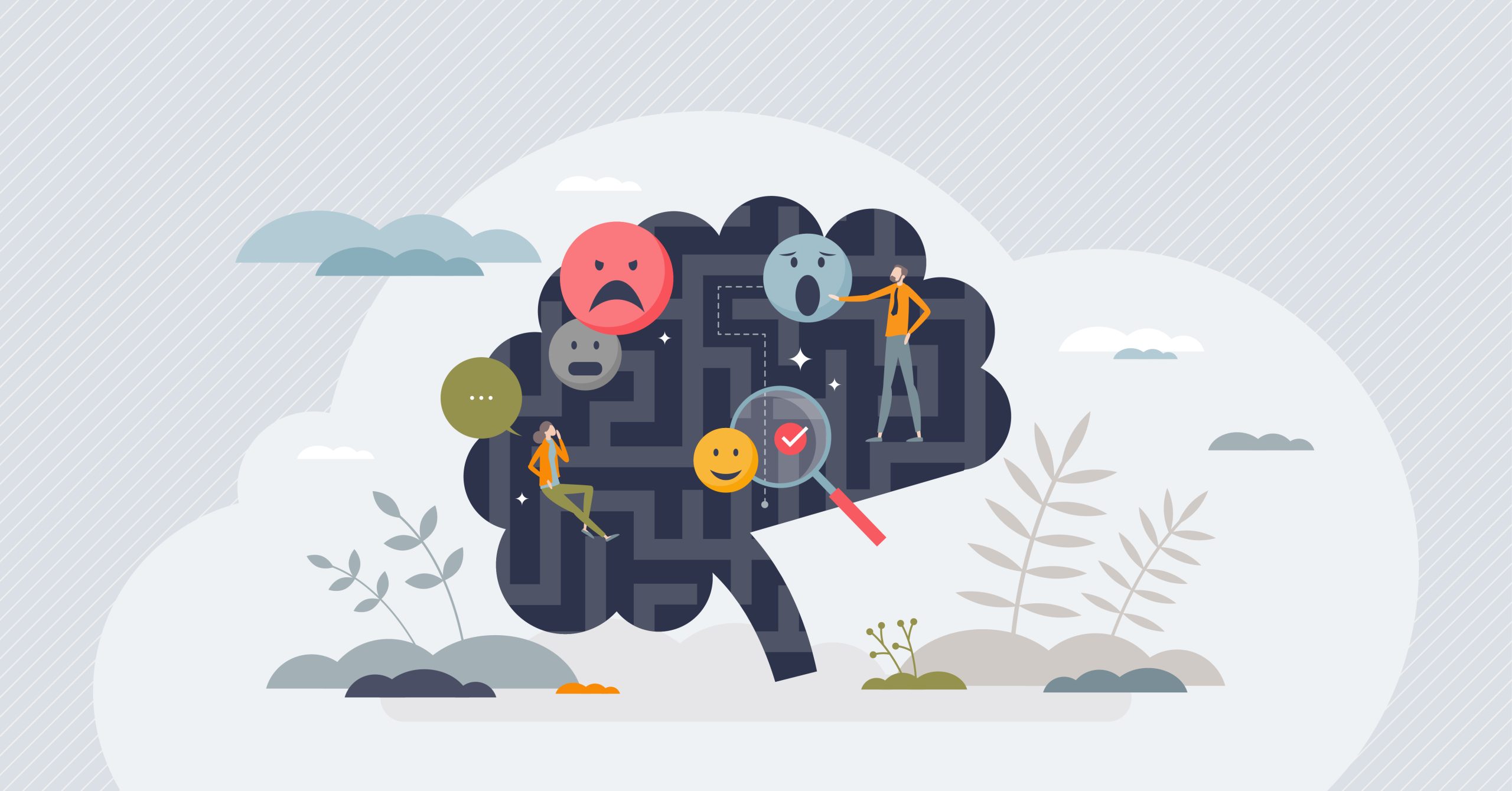 Image of two people inside a brain navigating different feelings to represent conscious uncoupling