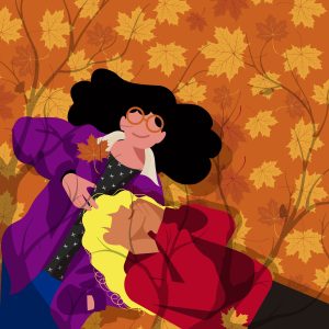 Queer couple lying on autumn leaves to depict how important it is to stay connected once summer is over.