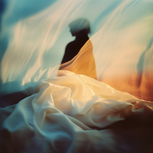 A person in shadow behind billowing fabric and soft light to depict a soft life